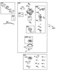 Carburetor Group Diagram and Parts List for 19L236-0143-F1 100000 - 19Z999 Briggs and Stratton Engine